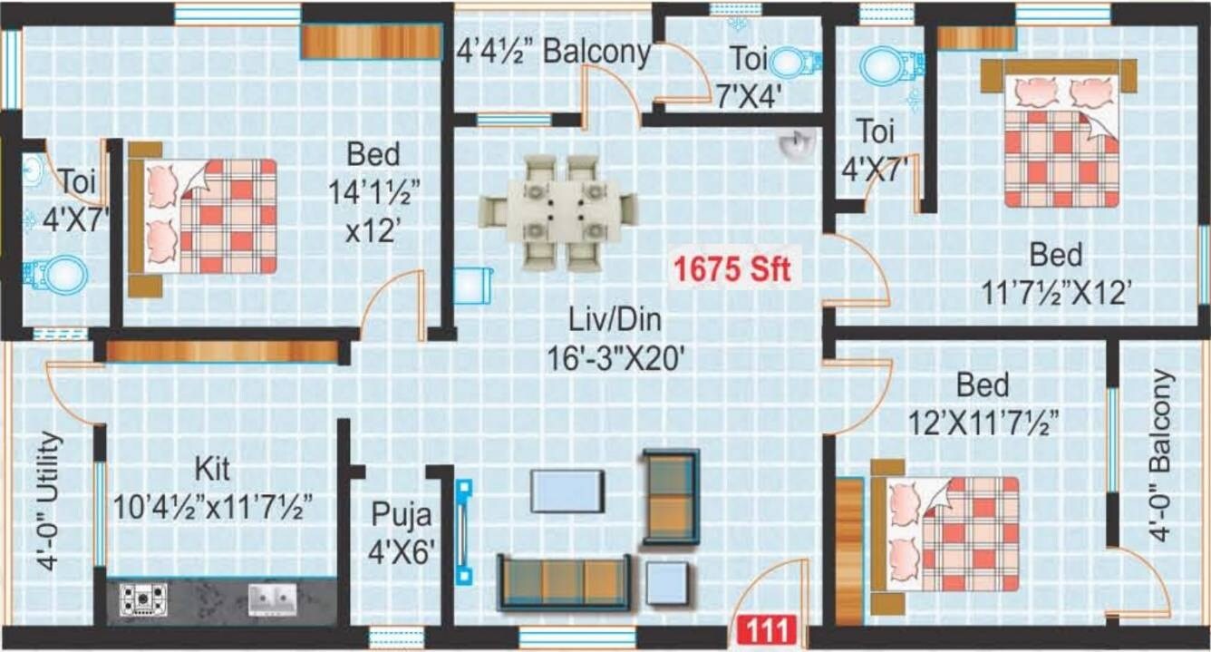 3 BHK 1675 Sq. Ft. Apartment