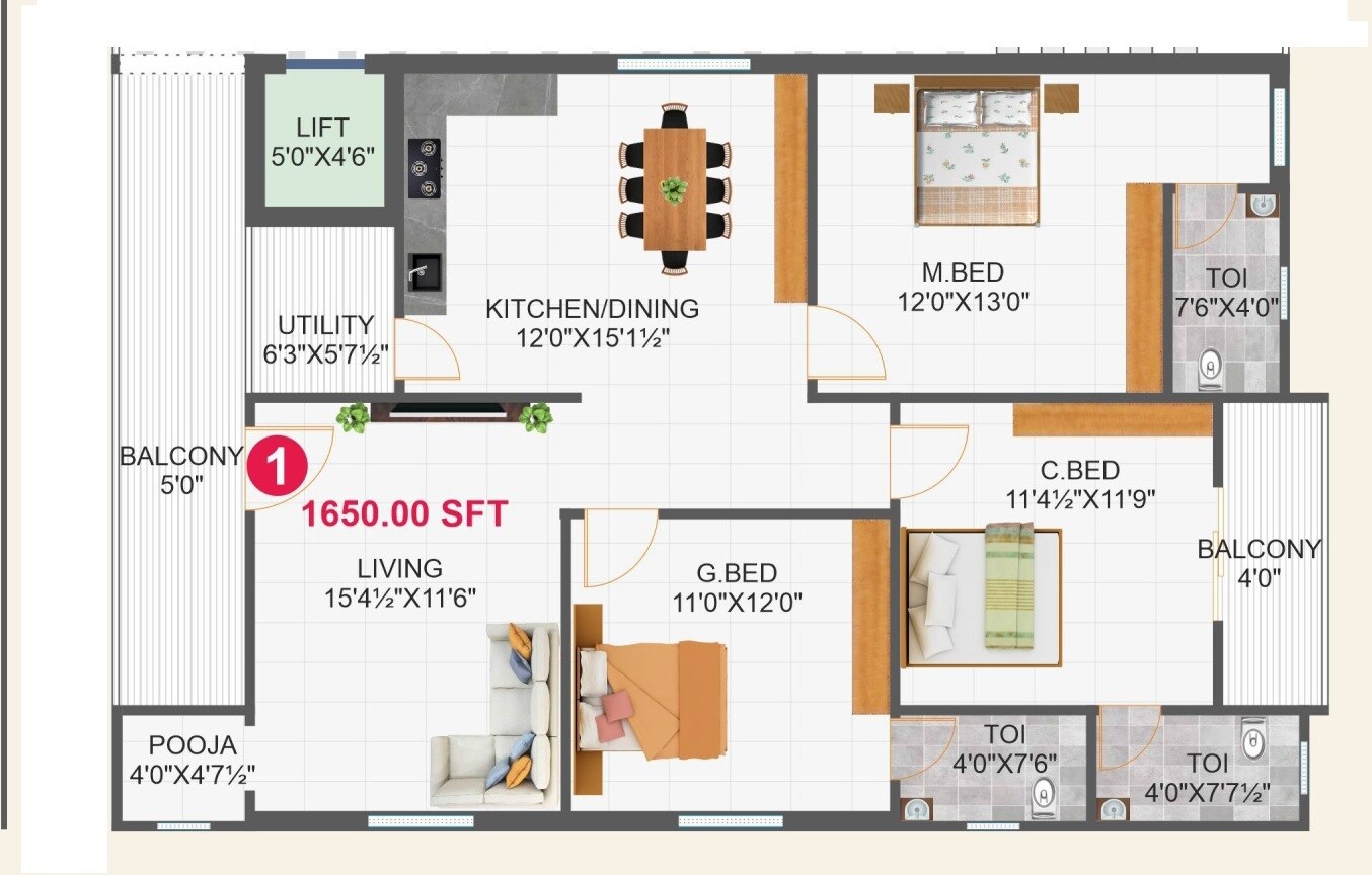 3 BHK 1650 Sq. Ft. Apartment