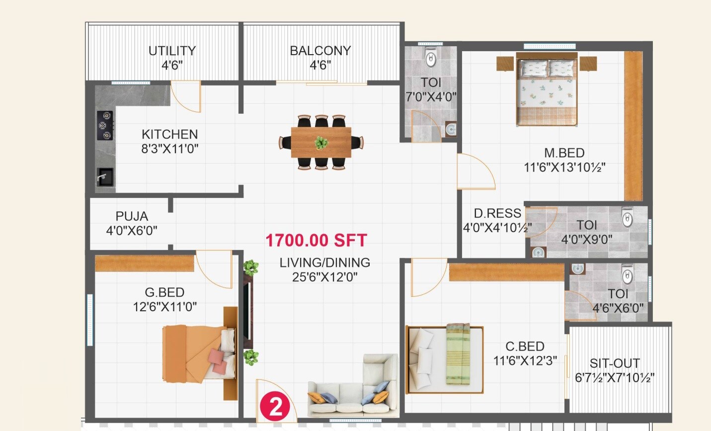Floor plan of 3 BHK 1700 Sq. Ft. Apartment in Dharma RS Residences, Hyderabad