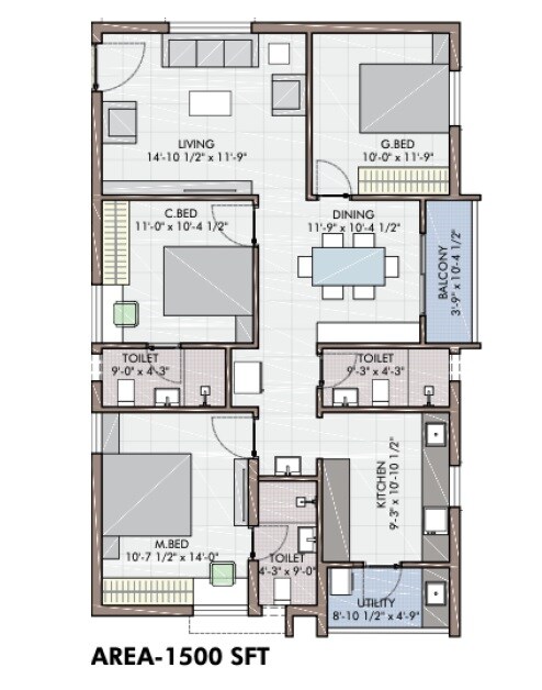 3 BHK 1500 Sq. Ft. Apartment