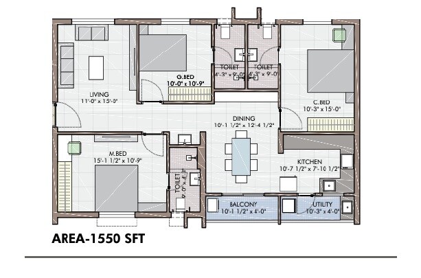 3 BHK 1550 Sq. Ft. Apartment