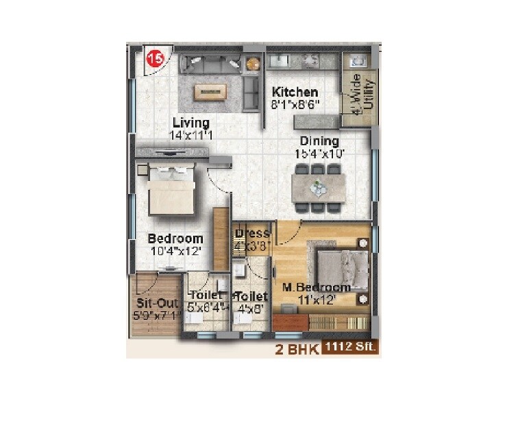 Floor plan of 2 BHK 1112 Sq. Ft. Apartment in Dinesh Auric, Hyderabad