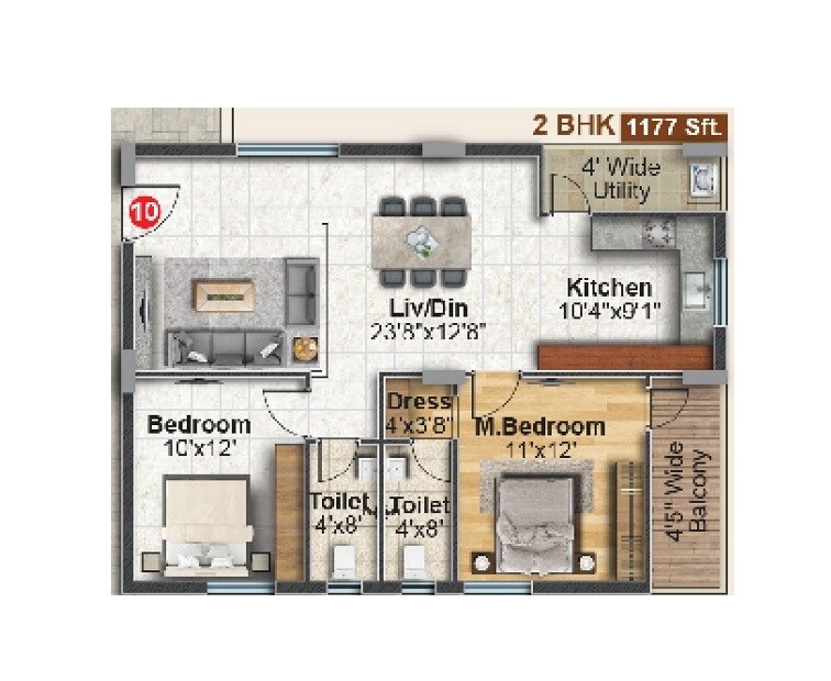 Floor plan of 2 BHK 1177 Sq. Ft. Apartment in Dinesh Auric, Hyderabad
