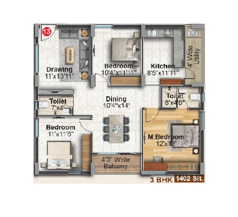 Floor plan of 3 BHK 1402 Sq. Ft. Apartment in Dinesh Auric, Hyderabad