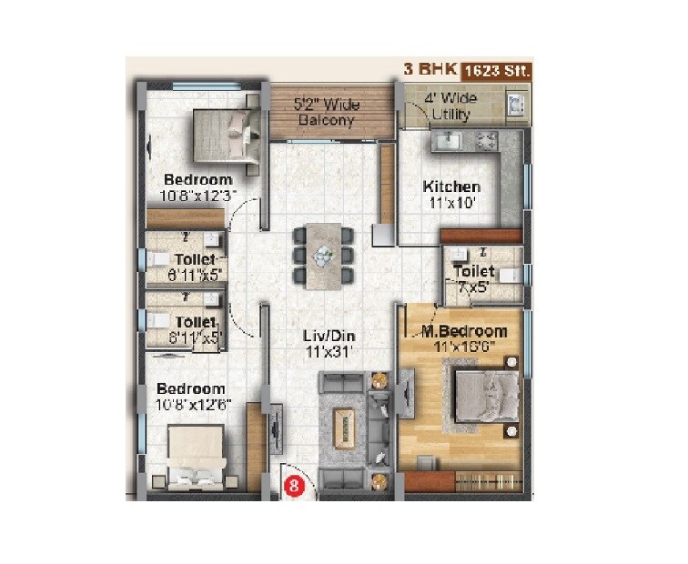 Floor plan of 3 BHK 1623 Sq. Ft. Apartment in Dinesh Auric, Hyderabad
