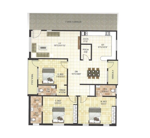 Floor plan of 3 BHK 1583 Sq. Ft. Apartment in Divine Allura, Hyderabad