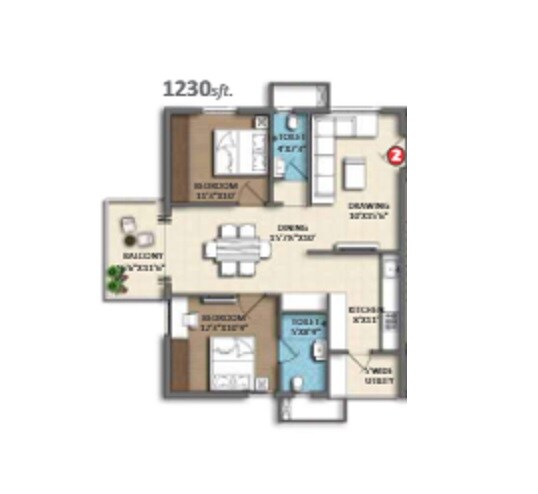 Floor plan of 2 BHK 1230 Sq. Ft. Apartment in Divine Space Osman Nagar, Hyderabad