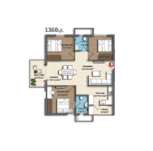 Floor plan of 3 BHK 1360 Sq. Ft. Apartment in Divine Space Osman Nagar, Hyderabad