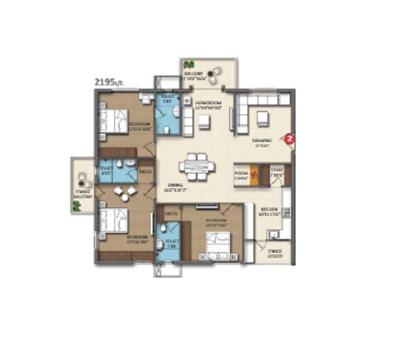 Floor plan of 3 BHK 2195 Sq. Ft. Apartment in Divine Space Osman Nagar, Hyderabad