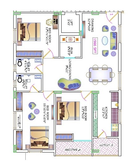 Floor plan of 3 BHK 1566 Sq. Ft. Apartment in Divyadeep Kuteer, Hyderabad