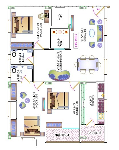 Floor plan of 3 BHK 1584 Sq. Ft. Apartment in Divyadeep Kuteer, Hyderabad