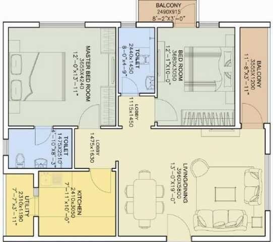 Floor plan of 2 BHK 1530 Sq. Ft. Apartment in DLF New City Heights, Hyderabad
