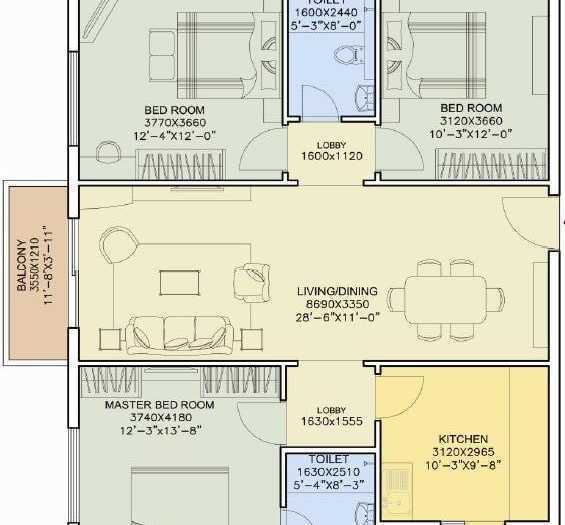 Floor plan of 3 BHK 2122 Sq. Ft. Apartment in DLF New City Heights, Hyderabad