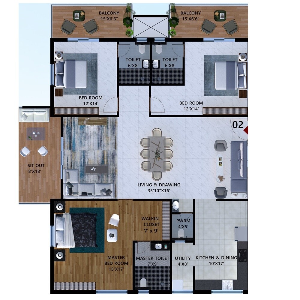 Floor plan of 3 BHK 1840 Sq. Ft. Apartment in DNB Jumeirah Towers, Hyderabad