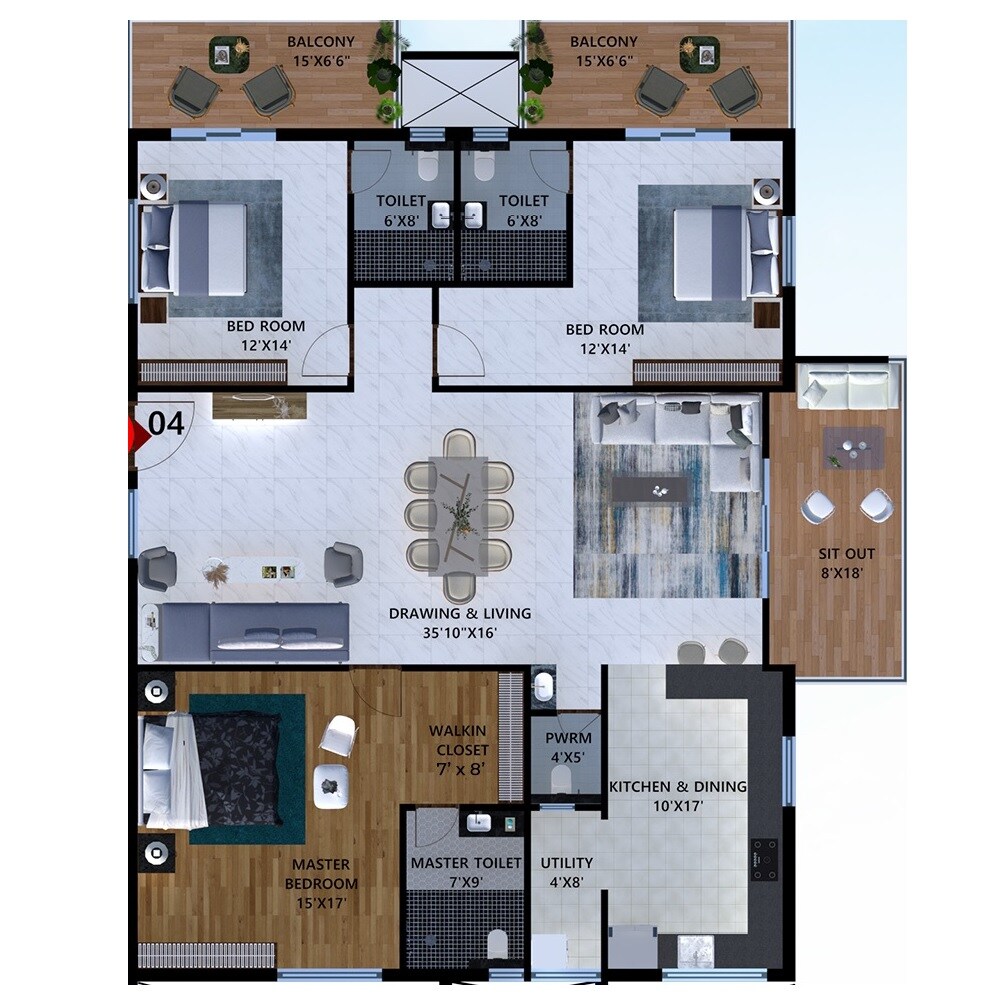 Floor plan of 3 BHK 2715 Sq. Ft. Apartment in DNB Jumeirah Towers, Hyderabad