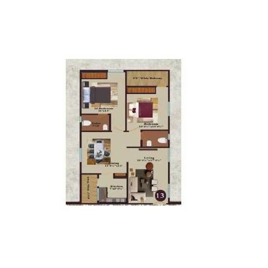 Floor plan of 2 BHK 950 Sq. Ft. Apartment in DNR Ashoka Hill Park, Hyderabad