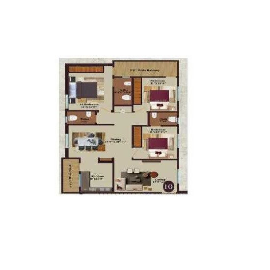 Floor plan of 3 BHK 1062 Sq. Ft. Apartment in DNR Ashoka Hill Park, Hyderabad