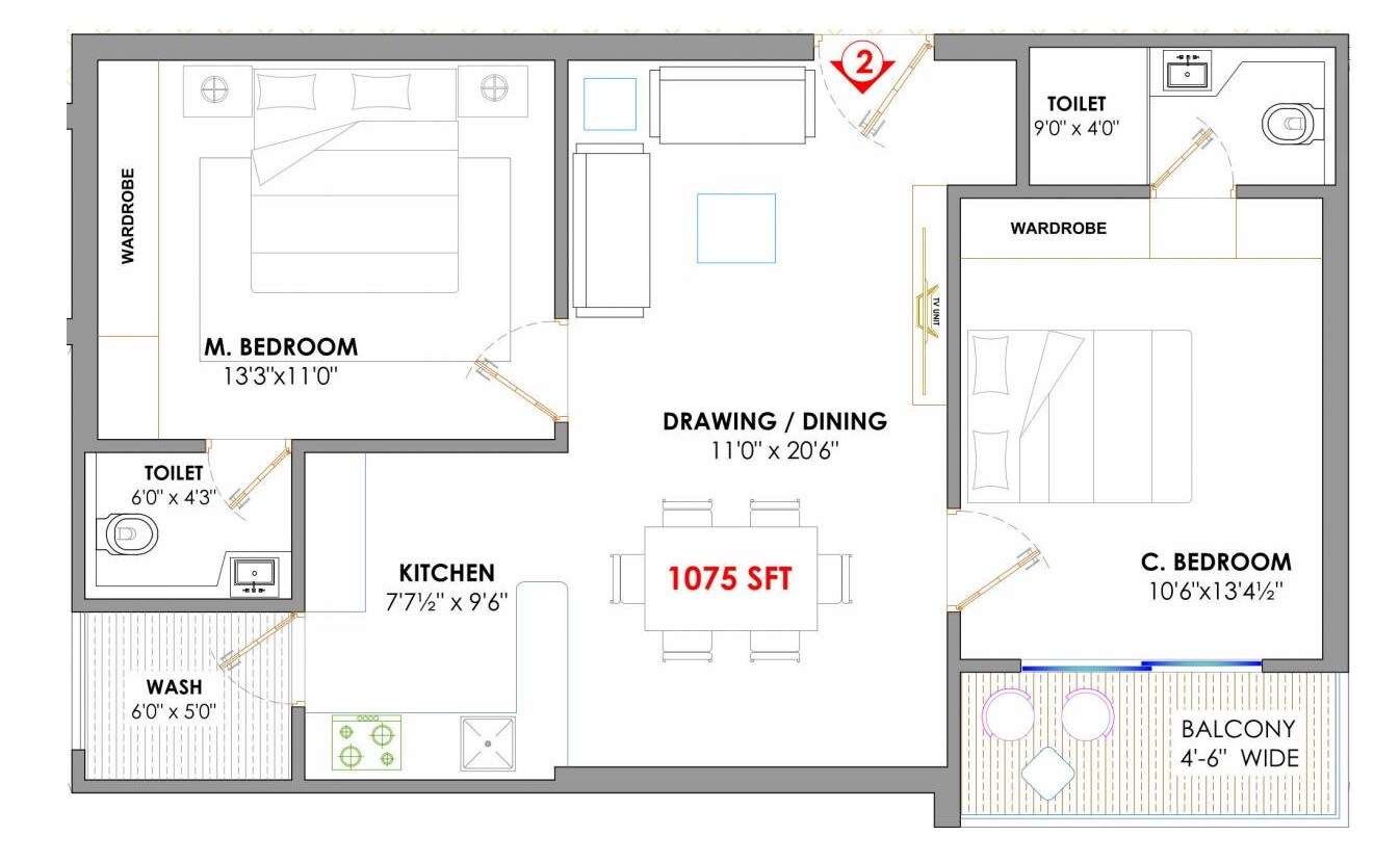 Floor plan of 2 BHK 1075 Sq. Ft. Apartment in DNS Classic, Hyderabad