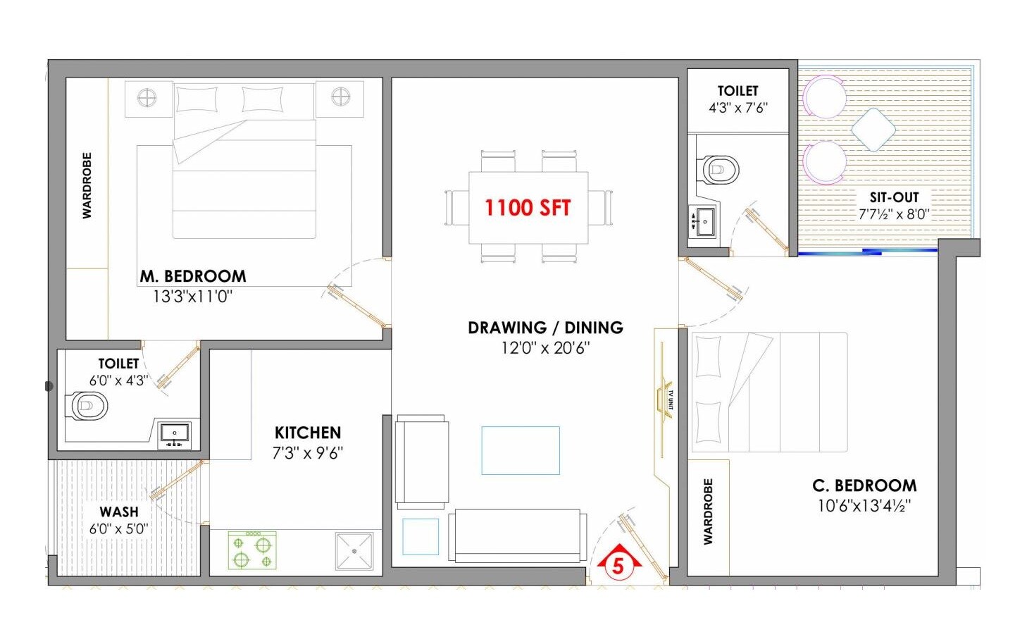 Floor plan of 2 BHK 1100 Sq. Ft. Apartment in DNS Classic, Hyderabad