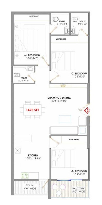 Floor plan of 3 BHK 1475 Sq. Ft. Apartment in DNS Classic, Hyderabad