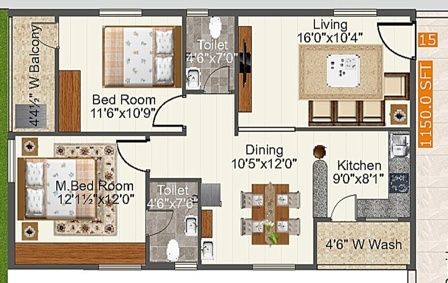 Floor plan of 2 BHK Apartment - 1150 sq. ft. in Dollfine Harmony, Hyderabad