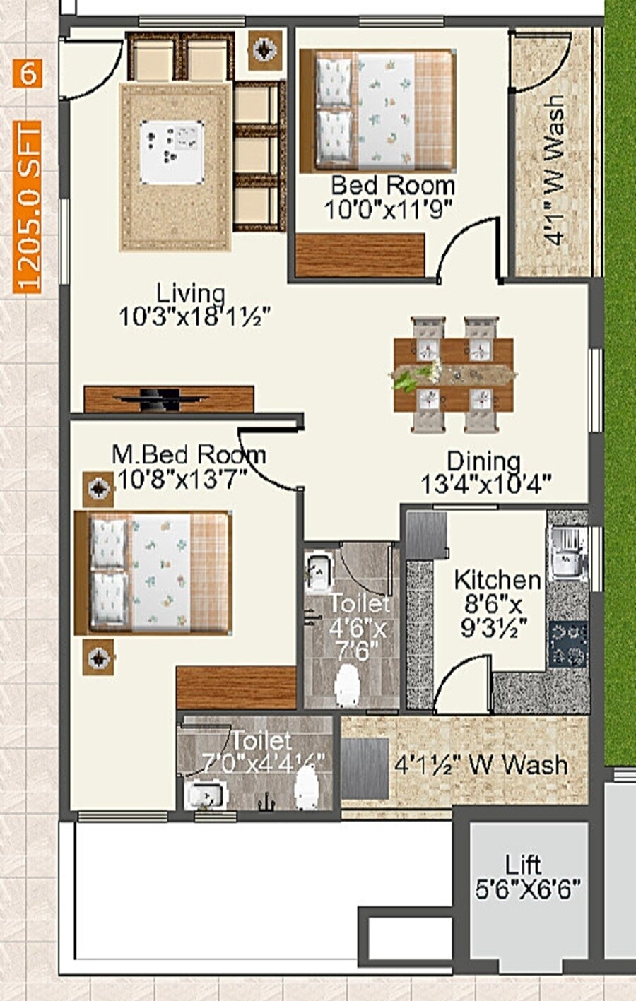 Floor plan of 2 BHK Apartment - 1205 sq. ft. in Dollfine Harmony, Hyderabad