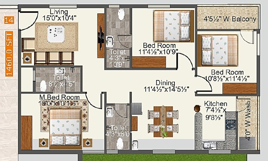 Floor plan of 3 BHK Apartment - 1460 sq. ft. in Dollfine Harmony, Hyderabad
