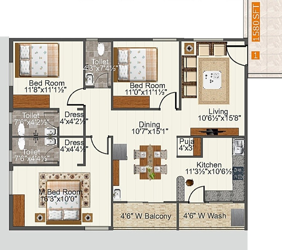 Floor plan of 3 BHK Apartment - 1580 sq. ft. in Dollfine Harmony, Hyderabad