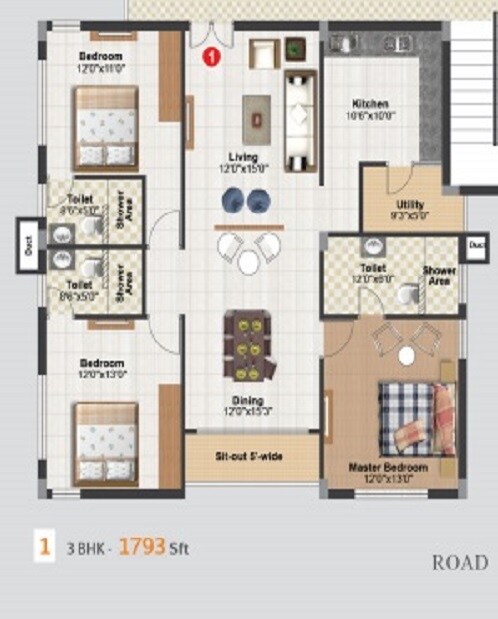 Floor plan of 3 BHK 1793 Sq. Ft. Apartment in Doyen Crest, Hyderabad