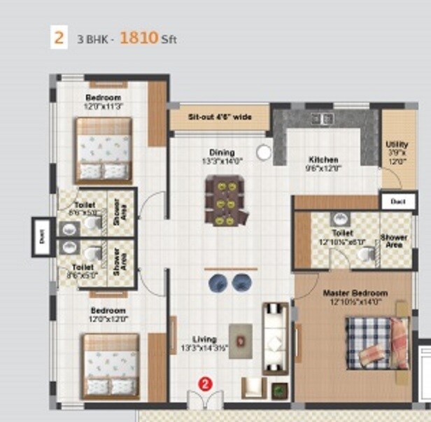 Floor plan of 3 BHK 1810 Sq. Ft. Apartment in Doyen Crest, Hyderabad