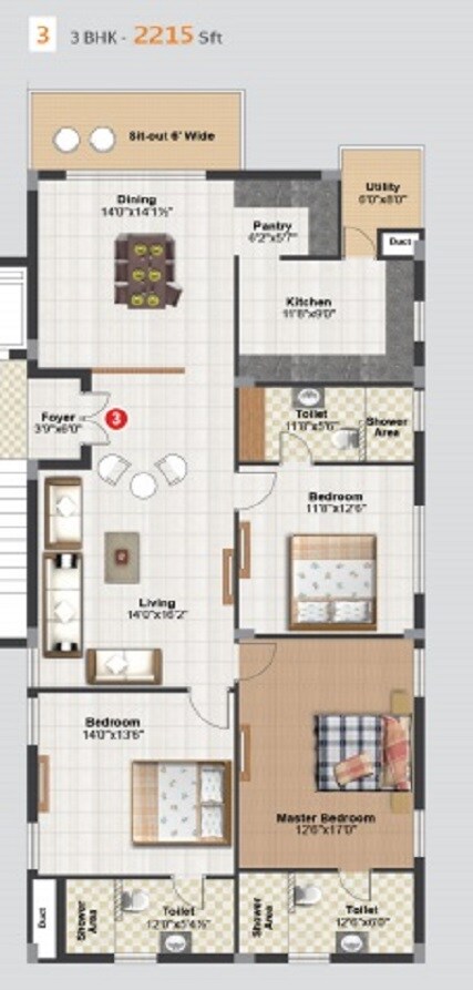 Floor plan of 3 BHK 2215 Sq. Ft. Apartment in Doyen Crest, Hyderabad