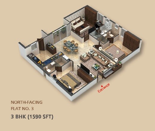 Floor plan of 3 BHK 1590 Sq. Ft. Apartment in DPR Pradhyumna, Hyderabad