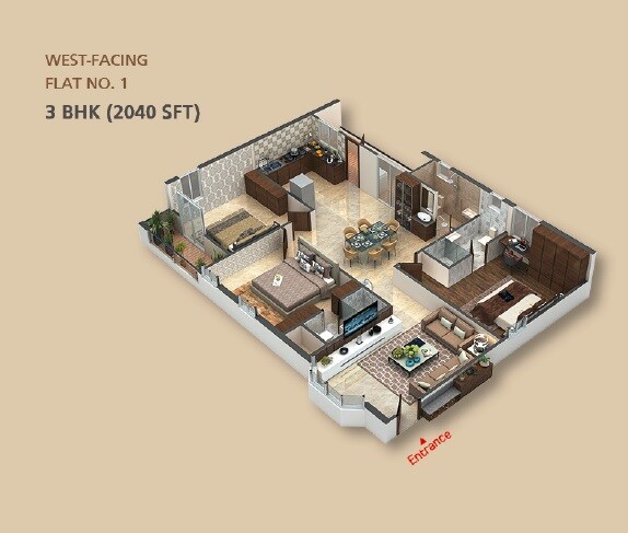 Floor plan of 3 BHK 2040 Sq. Ft. Apartment in DPR Pradhyumna, Hyderabad