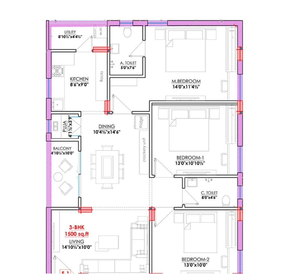 Floor plan of 3 BHK 1500 Sq. Ft. Apartment in DPR Swara, Hyderabad