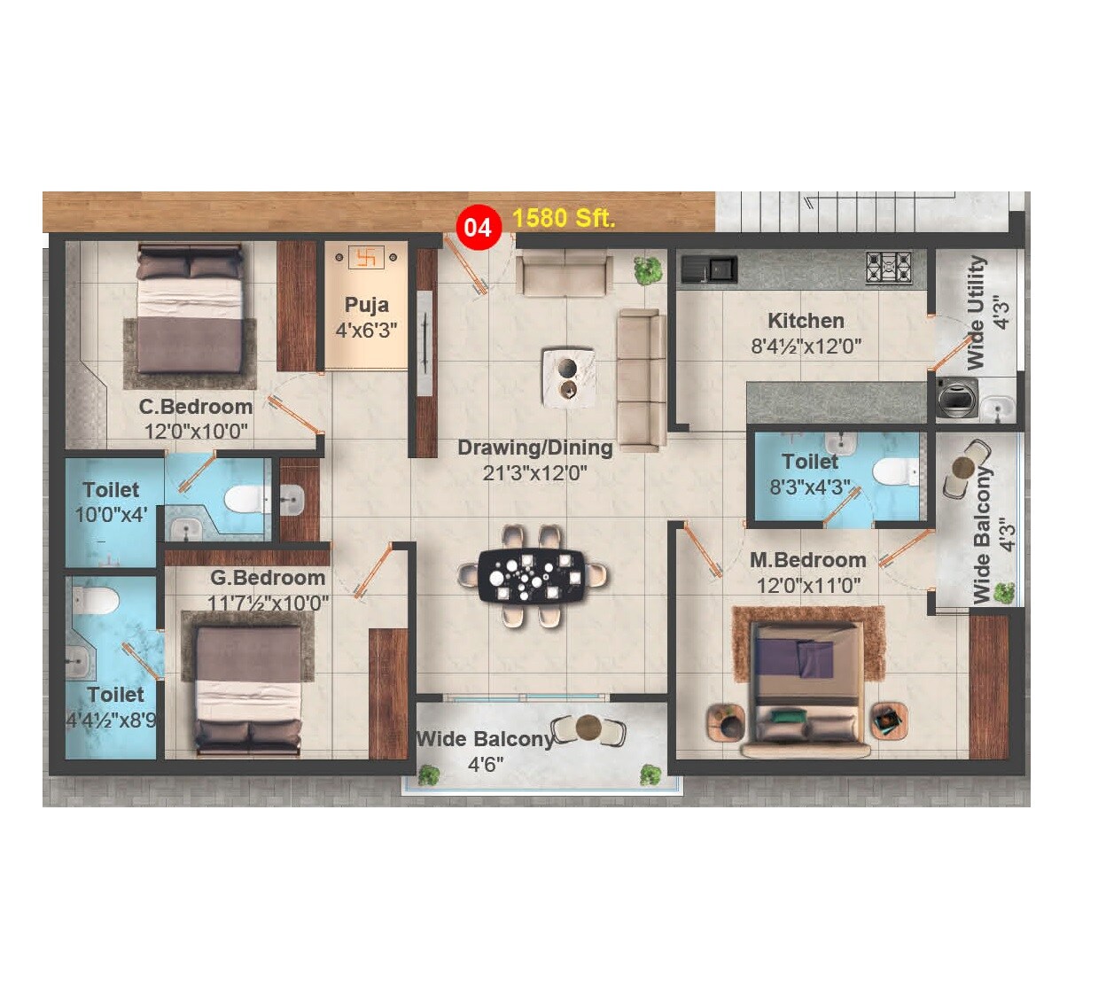 Floor plan of 3 BHK 1580 Sq. Ft. Apartment in DRS Pearl, Hyderabad