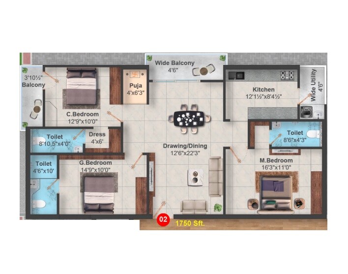 Floor plan of 3 BHK 1750 Sq. Ft. Apartment in DRS Pearl, Hyderabad