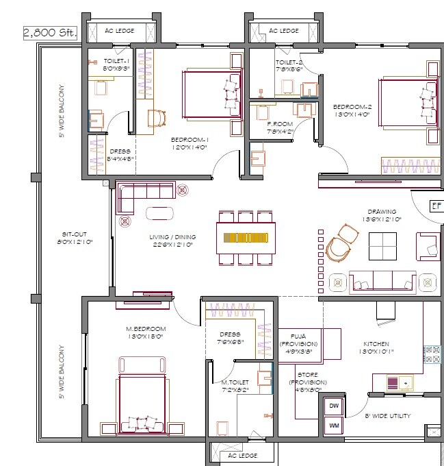 Floor plan of 3 BHK 2800 Sq. Ft. Apartment in DSR Ciel, Hyderabad