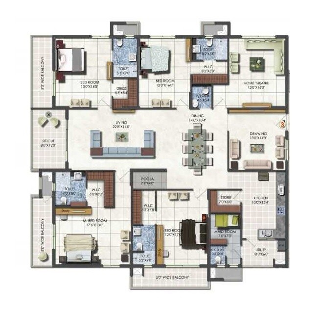 Floor plan of 3 BHK 2625 Sq. Ft. Apartment in DSR Fortune Prime, Hyderabad