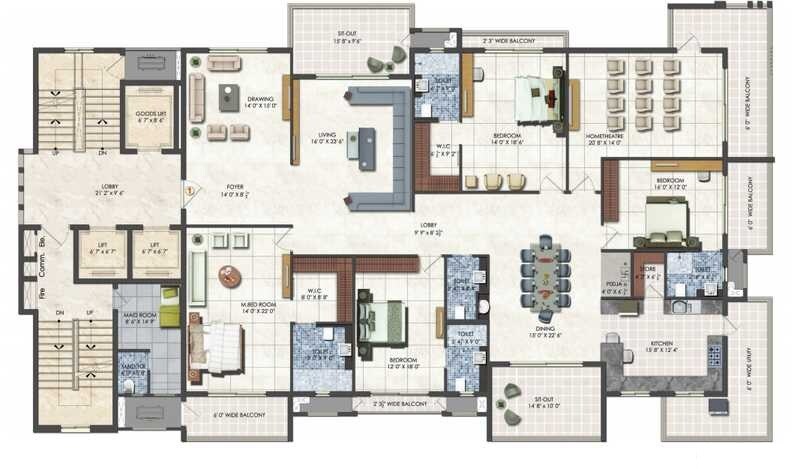 Floor plan of 4 BHK 3800 Sq. Ft. Apartment in DSR Fortune Prime, Hyderabad