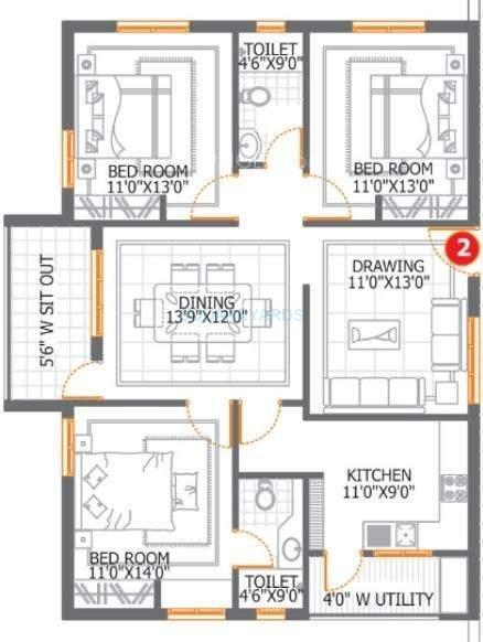 Floor plan of 3 BHK 1540 Sq. Ft. Apartment in DSR Lake Side, Hyderabad