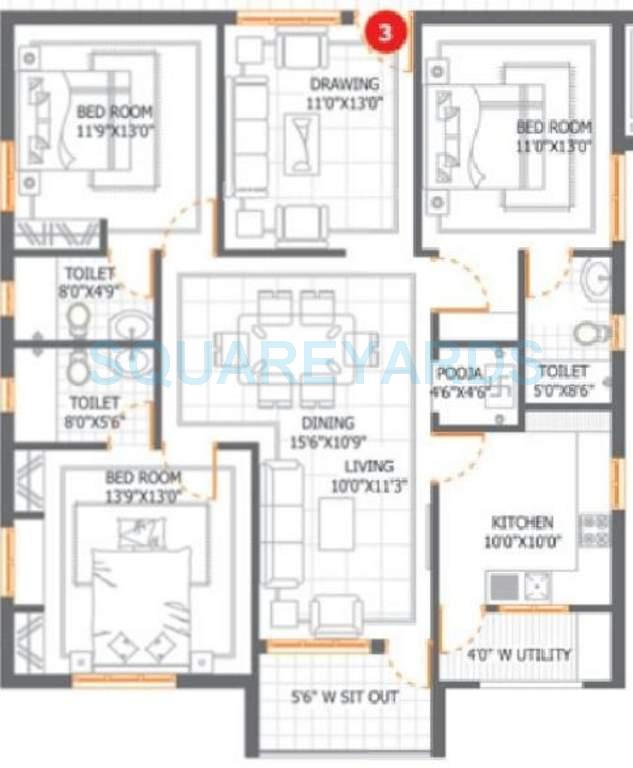 Floor plan of 3 BHK 1800 Sq. Ft. Apartment in DSR Lake Side, Hyderabad