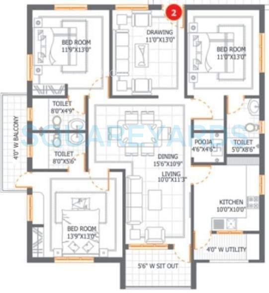 Floor plan of 3 BHK 1870 Sq. Ft. Apartment in DSR Lake Side, Hyderabad