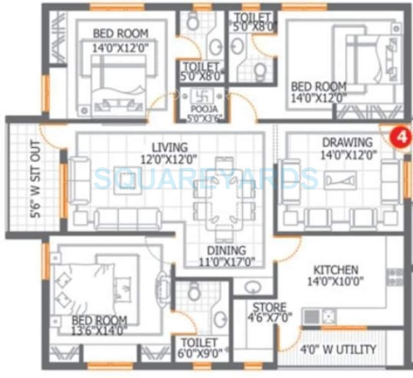 Floor plan of 3 BHK 2100 Sq. Ft. Apartment in DSR Lake Side, Hyderabad