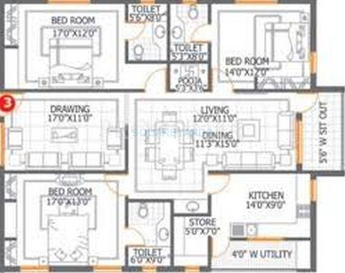 Floor plan of 3 BHK 2165 Sq. Ft. Apartment in DSR Lake Side, Hyderabad