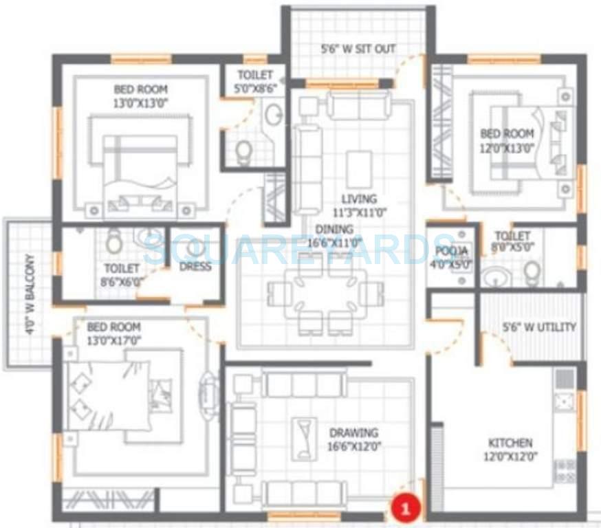 Floor plan of 3 BHK 2200 Sq. Ft. Apartment in DSR Lake Side, Hyderabad
