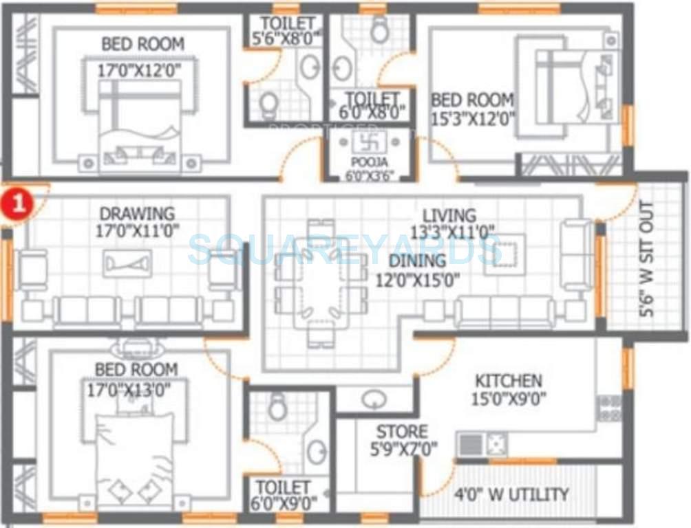 Floor plan of 3 BHK 2260 Sq. Ft. Apartment in DSR Lake Side, Hyderabad