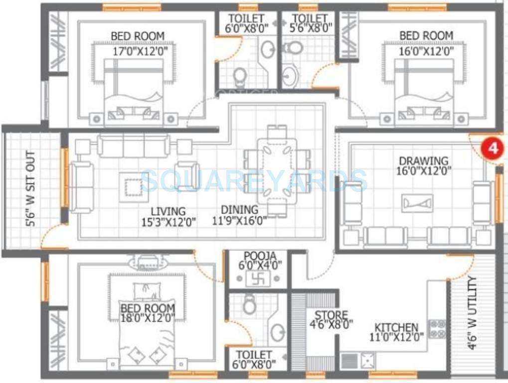 Floor plan of 3 BHK 2300 Sq. Ft. Apartment in DSR Lake Side, Hyderabad