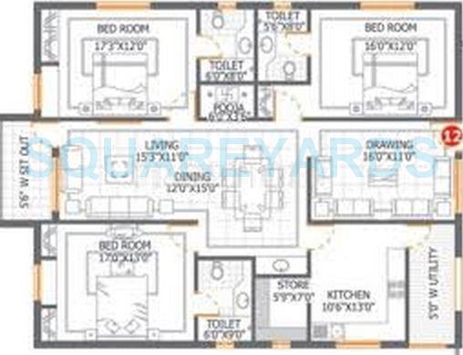 Floor plan of 3 BHK 2310 Sq. Ft. Apartment in DSR Lake Side, Hyderabad