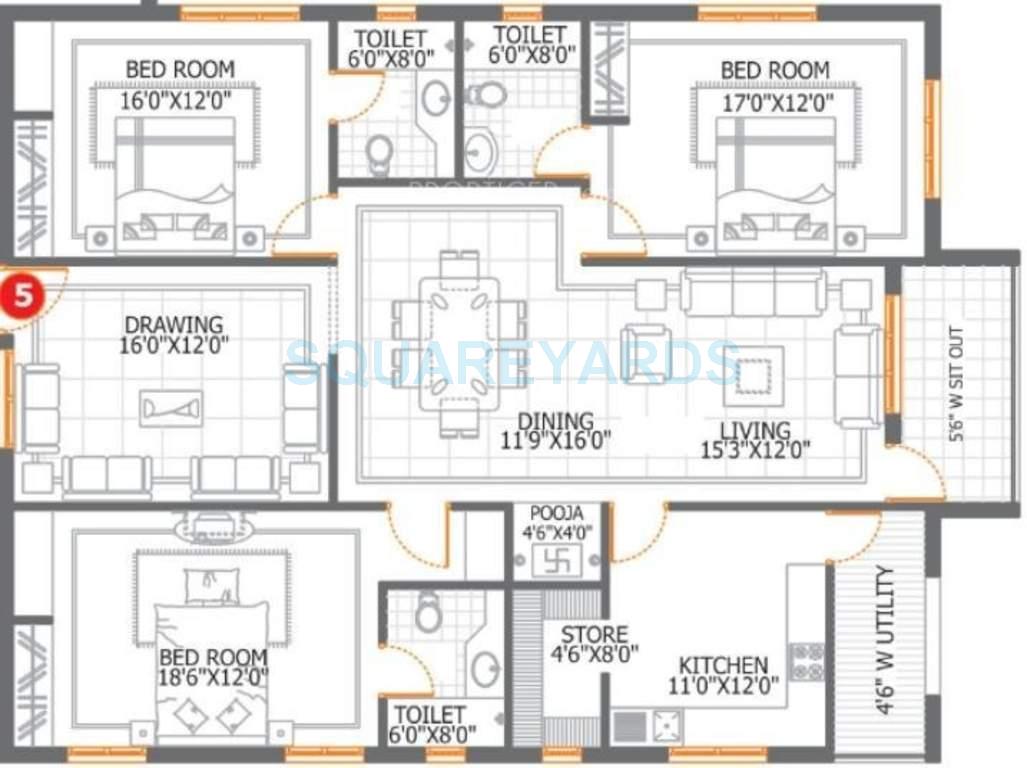 Floor plan of 3 BHK 2325 Sq. Ft. Apartment in DSR Lake Side, Hyderabad