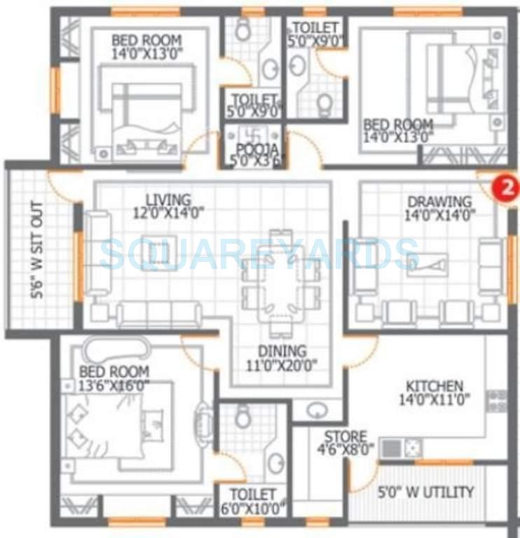 Floor plan of 3 BHK 2350 Sq. Ft. Apartment in DSR Lake Side, Hyderabad